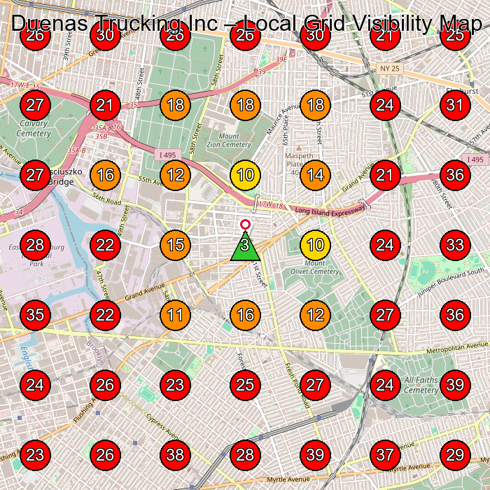 Duenas Trucking Inc GeoGrid visibility map for Firma Transportowa in Queens
